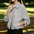 thumbnail image 5 of DISKEBUISS Women's Cropped Gingham Plaid Jacket Lapel Zip & Snap Long Sleeve Short Outerwear for Fall Winter, 5 of 8