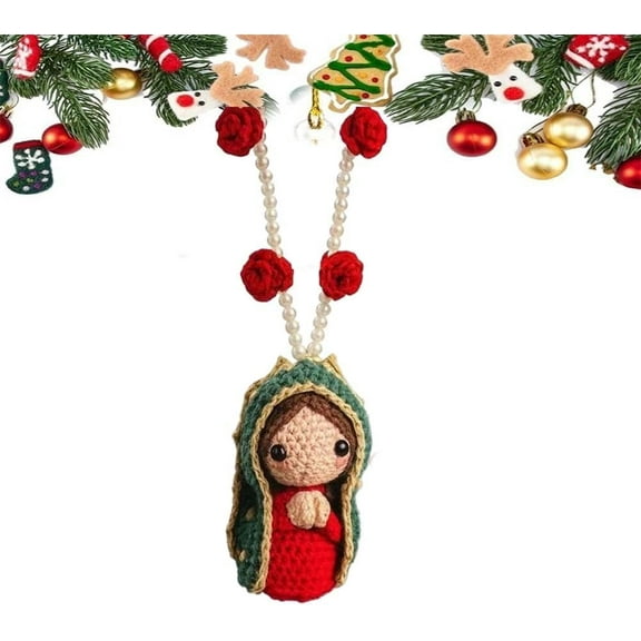 Cute Mary Statue Car Interior Decoration, Handmade Crochet Car Rearview Mirror Charm with Virgin Mary Statue, Mother Mary’s Charm Hanging Blessings Rosary Decor