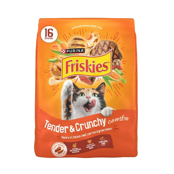 Purina Friskies Tender and Crunchy Dry Cat Food Flavors of Chicken, Beef, Carrots and Green Beans, 16 lb Bag