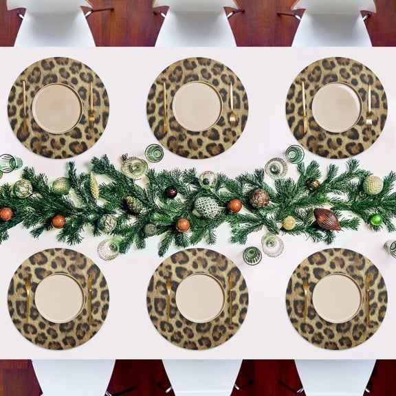 15.4 Inch Round Woven Placemats set of 6 for Dining Table Washable Heat Resistant Table Mats Non-Slip Washable Table Pad for Home Kitchen Decor Natural Leopard Print