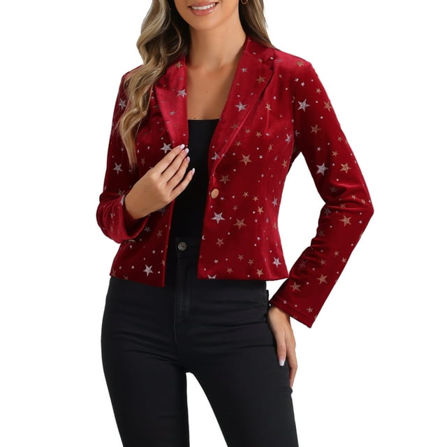 BLAZER METÁLICO DE VELVET CON ESTRELLAS PARA MUJERES, IMPRESO, DE UNA SOLA BOTÓN, CROP, ROJO-ESTRELLA