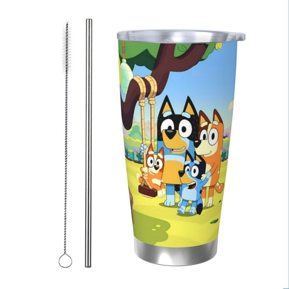 Saiise Bluey Print Tumbler 20 Oz Stainless Steel Vacuum Insulated with Straw Coffee Cup for Home,Office,Outdoor Works Great for Ice Drinks and Hot Beverage