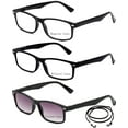 thumbnail image 2 of 3 Pack Light Compact Squared Fashion Reading Glasses Spring Hinges with Lanyard +3.00, Black Frame with Regular Lens, Bifocal Lens & Smoke Reader Lens, 2 of 2