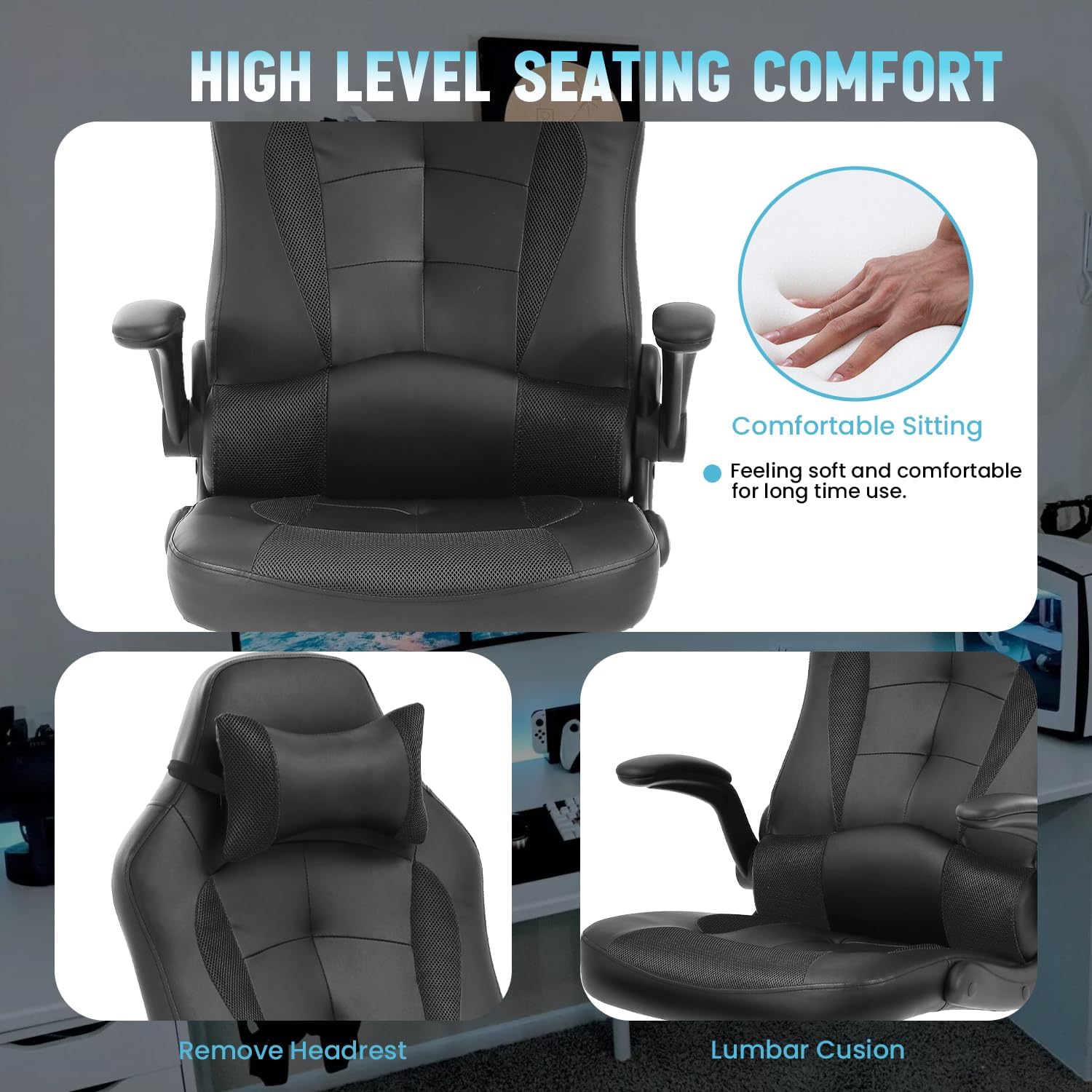 NiamVelo Massage Gaming Chair Video Gamer Chair PU Leather Computer Chairs Desk Chair w/Adjustable Headrest and Armrest,Ergonomic Office Chair High Back Racing Game Chair, 250lbs （Black）