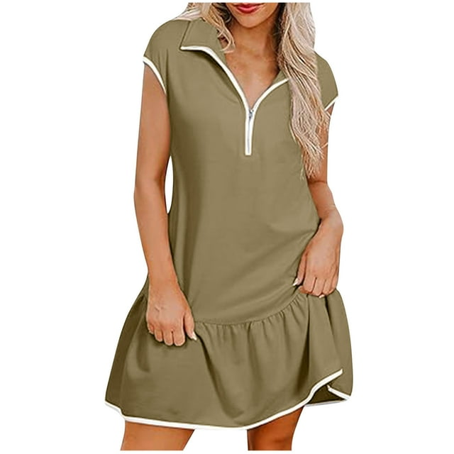Liquidation d'Été 2025! Robe Grande Taille pour Femmes, Liquidation d'Été pour Femmes, Robe Décontractée Unie à Manches Courtes Demi-Fermeture à Glissière avec Col à Revers