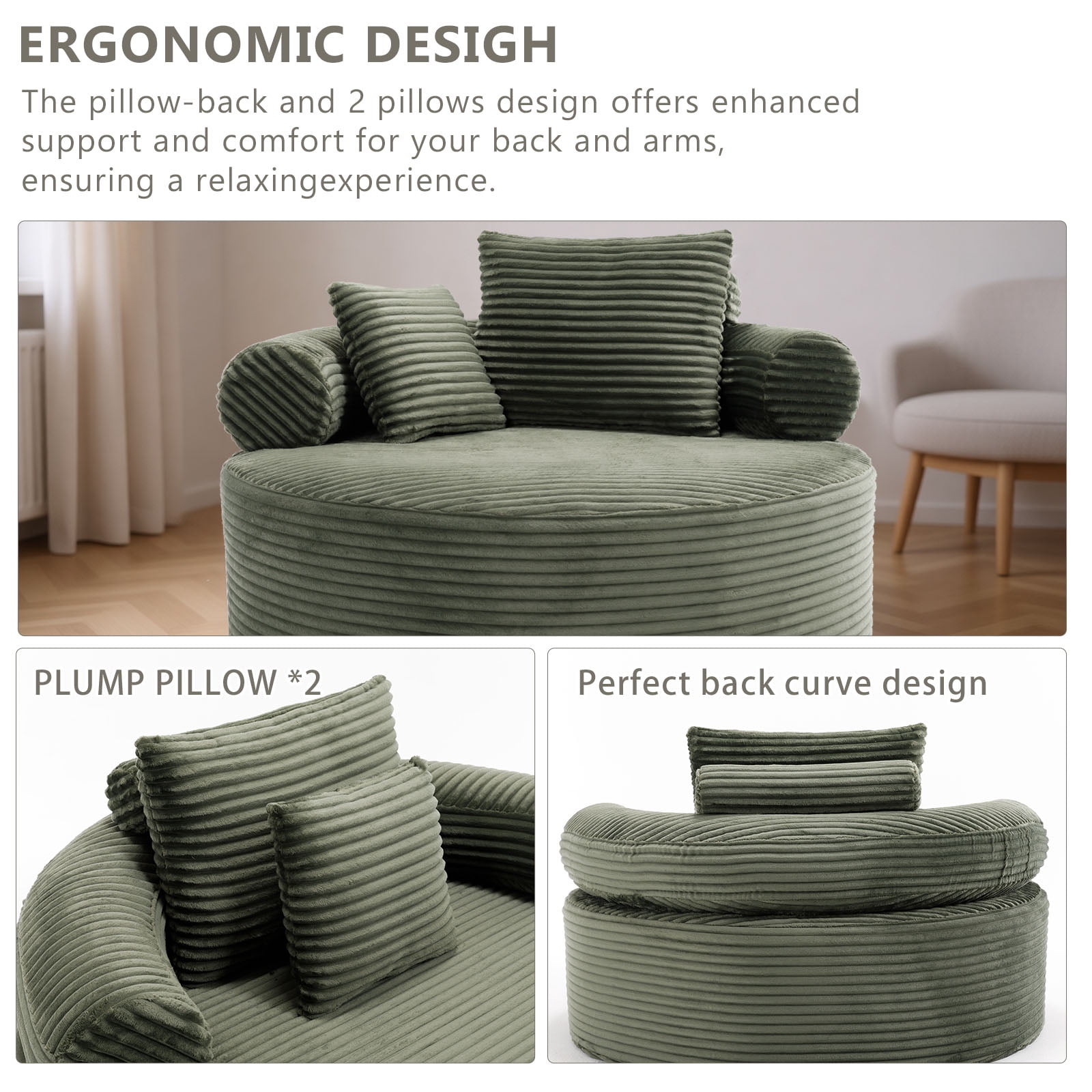 Miniyam 55.5" W Round Oversized Chaise Lounge Indoor with Memory Foam for Living Room, Cloud Couch with 3 Pillows, Green