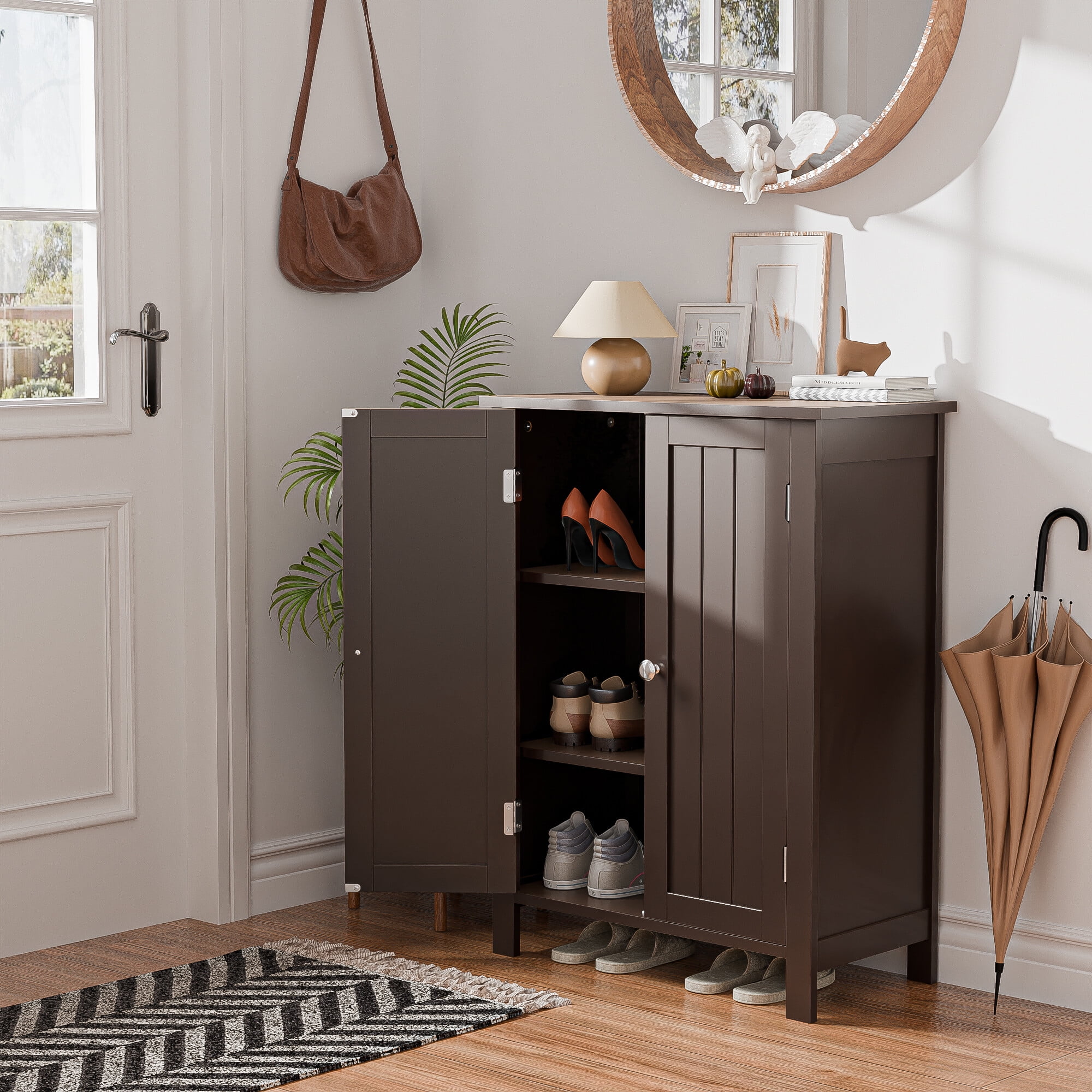ZenSports Wooden Bathroom Cabinet 2-Doors Floor Storage Cabinet Adjustable Shelves, Brown