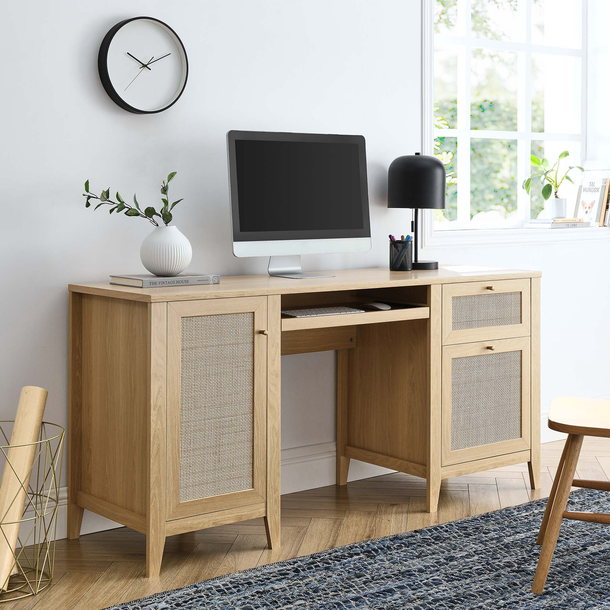Modway Soma 63" Natural Rattan and MDF Wood Office Desk in Oak
