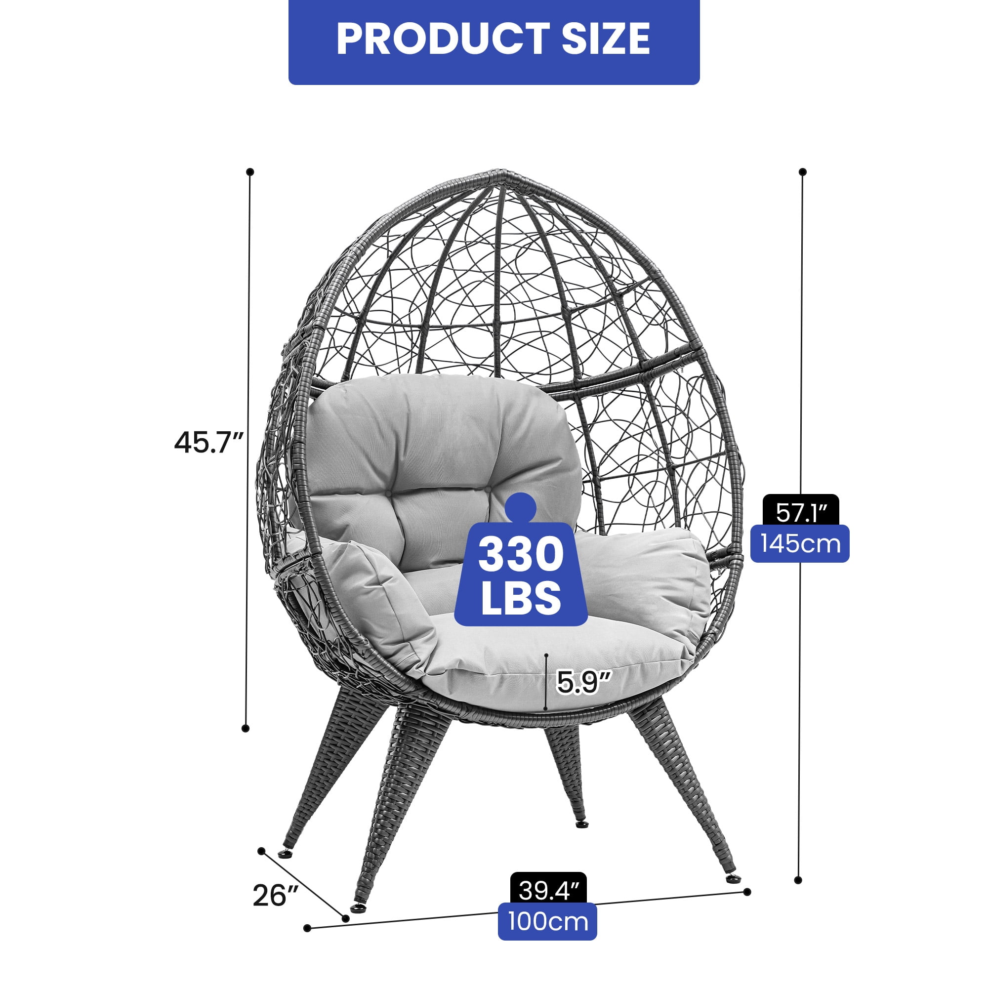 Uforic Oversized Egg Chair with Stand, Wicker Hanging Basket Chair for Indoor & Outdoor, 350lbs Capacity, Grey