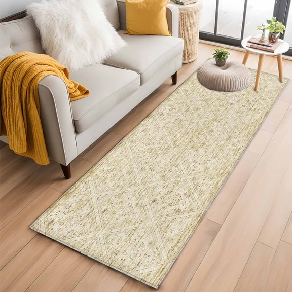 Runner Rug 2 x 6 Ft, Beige Flowers Washable Non-Slip Floor Mat for Kitchen Hallway/Entryway, Spring Floral Farmhouse Retro Art Long Kitchen Runner Area Rugs for Living Room, Low-Profile