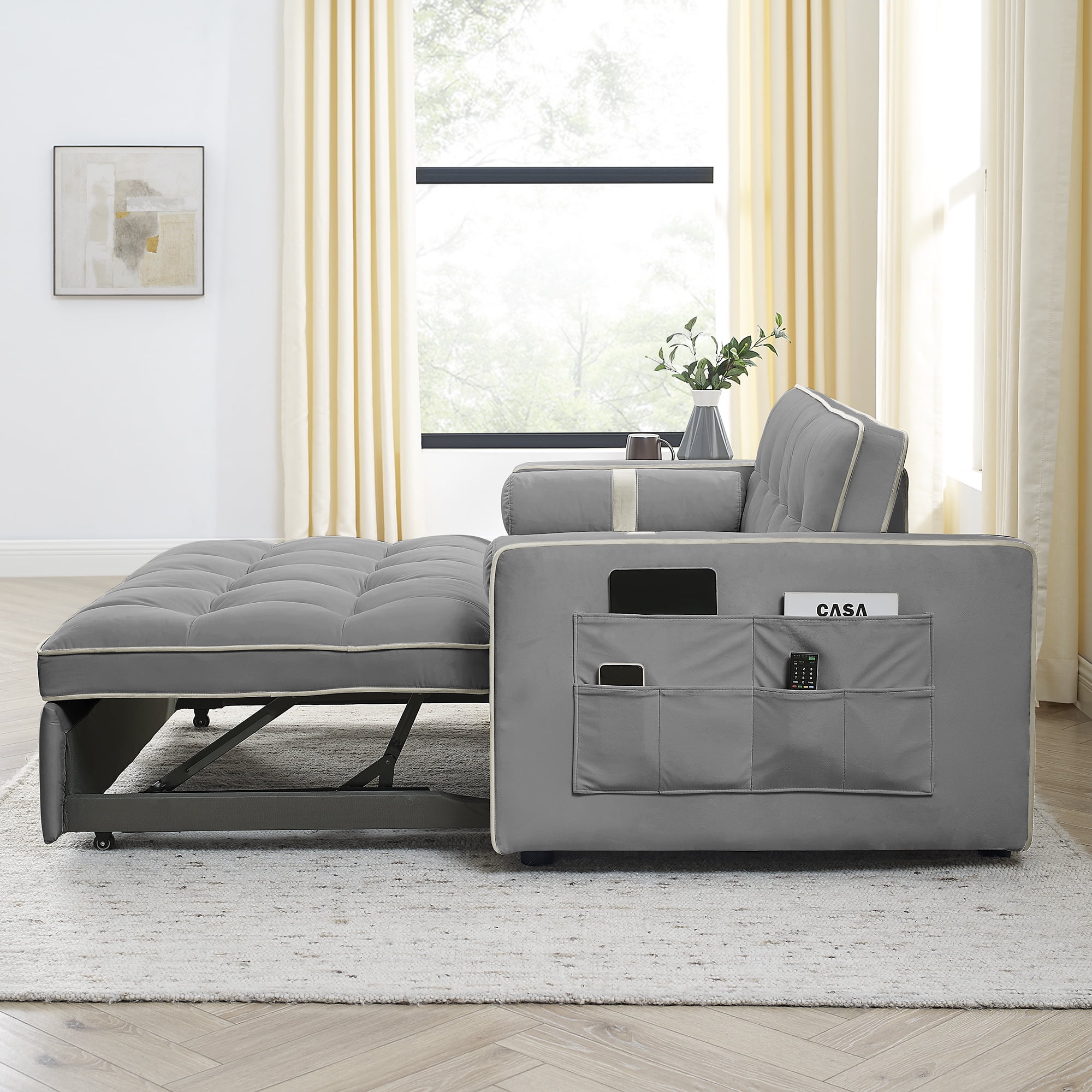 Aukfa Pull Out , Tufted Convertible Sleeper Sofa Sofa for Home Office, Velvet, Gray