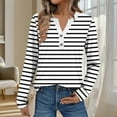 thumbnail image 2 of Olyvenn Long Sleeve Tops for Women Striped Buttons V Neck Loose Button Down Henley Shirts Fashion Fall Tee Shirts White XXL, 2 of 5