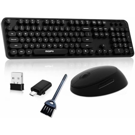 Wireless Keyboard and Mouse Cute Colorful 104 Keys Full Size Typewriter Keyboards Retro Cordless Key Board Ergonomic Keyboards and Mouse Wireless for Windows PC Laptop Desktop (Black)