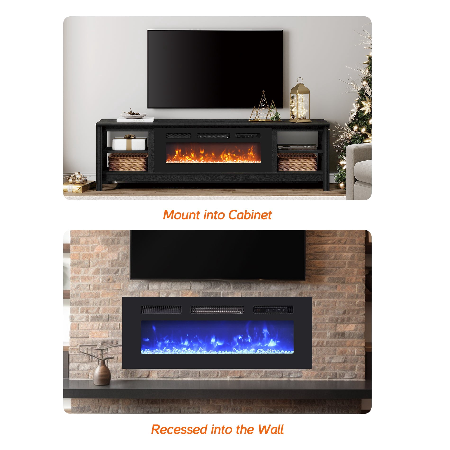 FITUEYES Farmhouse Fireplace TV Stand for 70 75 inch TV with 4 Storages, Wooden Entertainment Center with Electric Fireplace & 16 Colors LED Light, 70 Inch, Black