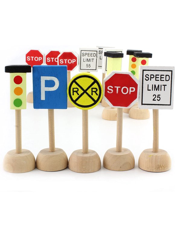Attatoy Kids Wooden Street Signs Playset (14-Piece Set), Wood Traffic Signs Perfect for Car & Train Set