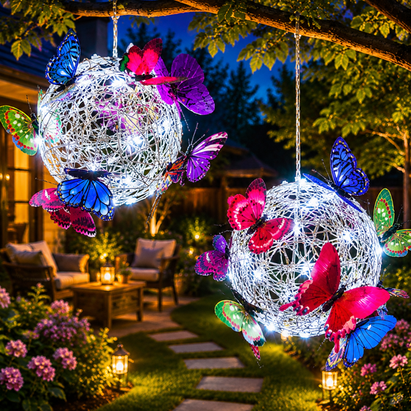 Solar Hanging Lights Outdoor Waterproof, Butterfly Woven Ball Lantern, Solar Garden Decorative Lights for Patio, Porch, Tree, Yard, Pathway