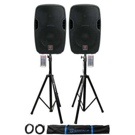 2) Rockville BPA10 10" Powered 400W DJ PA Speakers w/Bluetooth Stands Cables Bag