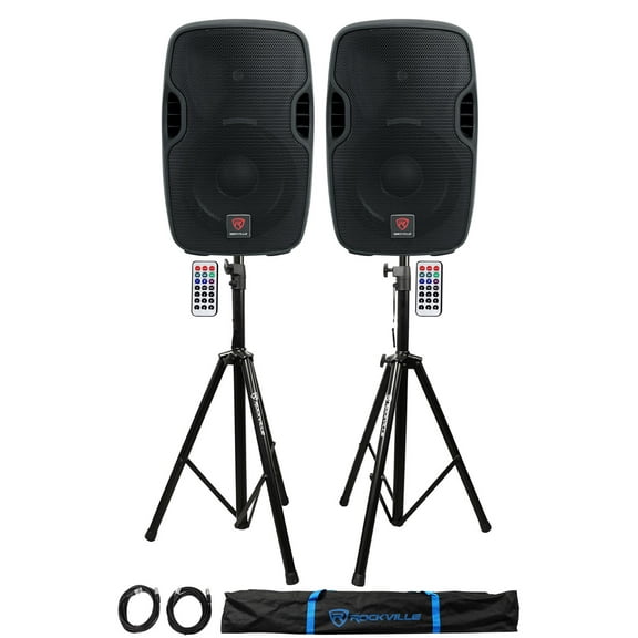 2) Rockville BPA10 10" Powered 400W DJ PA Speakers w/Bluetooth Stands Cables Bag