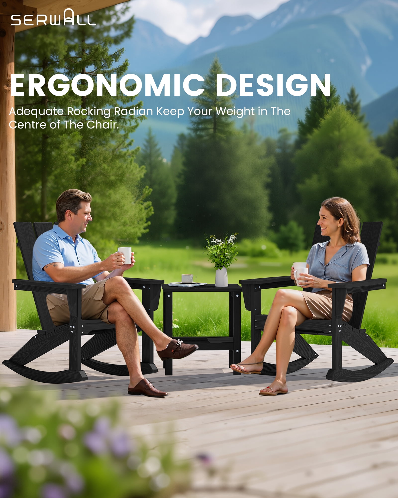 SERWALL Modern Adirondack Rocking Chair, HDPE Outdoor Rocking Chair for Patio, Garden, Backyard, Black
