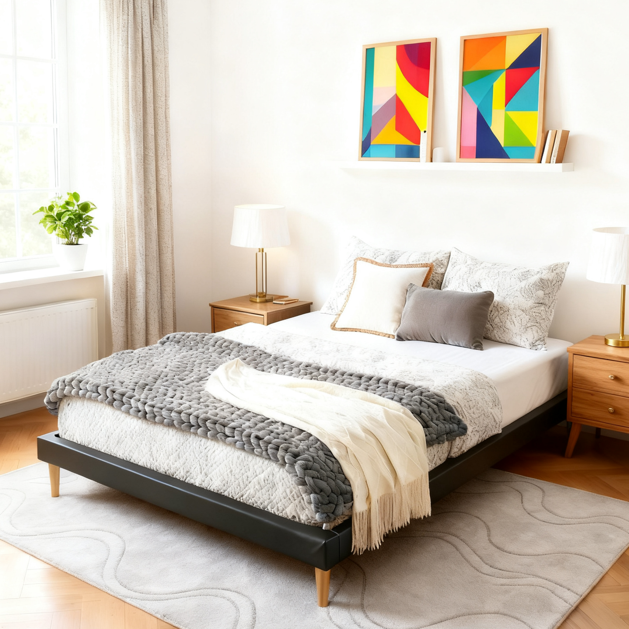 Gewnee Queen Size Platform Bed Frame with Wood Slats,Faux Leather Upholstered,Sturdy Center Leg Support,Under-Bed Storage Space.No Box Spring Required(Black)