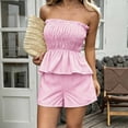 thumbnail image 7 of Dianli Fashion Women Ruffled Stripe Print Tube Top and Shorts Casual Two Piece Set, Trendy Sleeveless Pullover with Elastic Waist, Stylish Comfy Summer Lounge or Party Outfit Pink M, 7 of 7