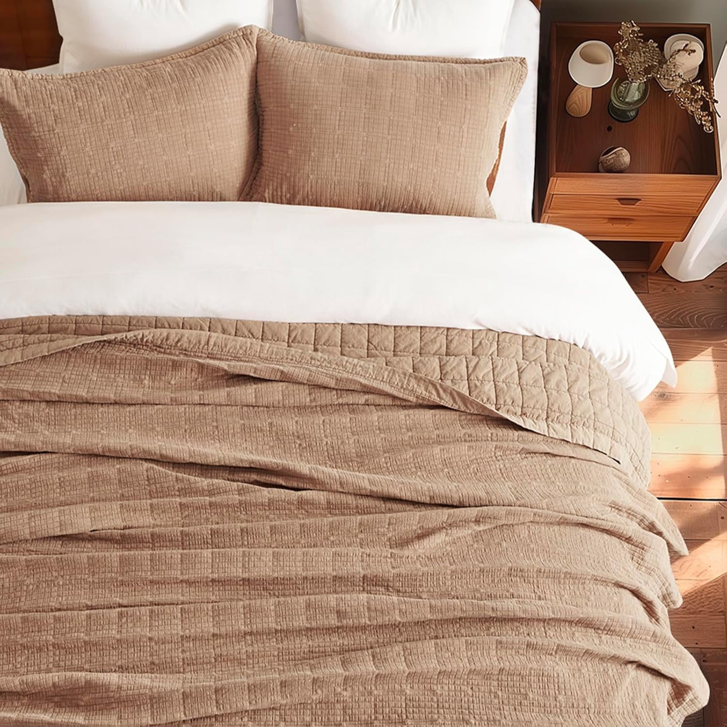EVERGRACE Stonewashed Cotton Quilt Set King Size, Ultra Soft Oversized Bedspread Coverlet Set, Lightweight Crinkle Box Stitch Bedding Sets for All Season, with 2 Shams, Blushed Terracotta