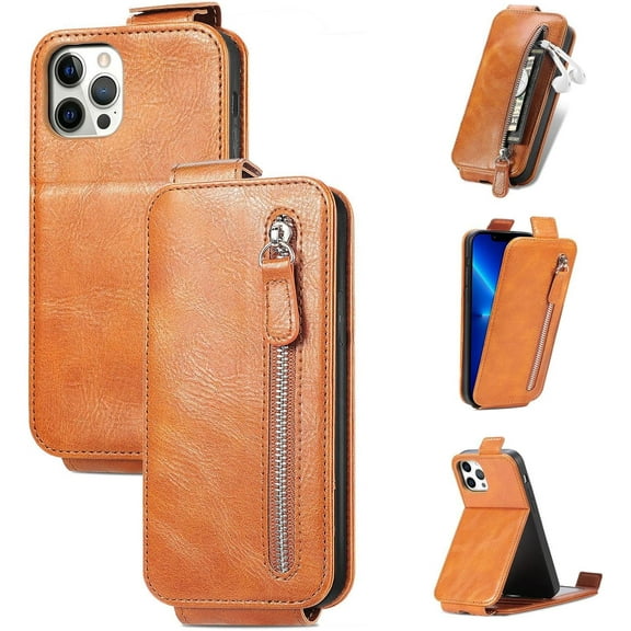 Zipper Card Holder Leather Phone Case, Unique Screen Protective Bracket Shell for iPhone 14 13 12 11 Pro Max/Pro/Plus/Mini, Hot Business Wallet Back Cover(Brown,14 Pro)