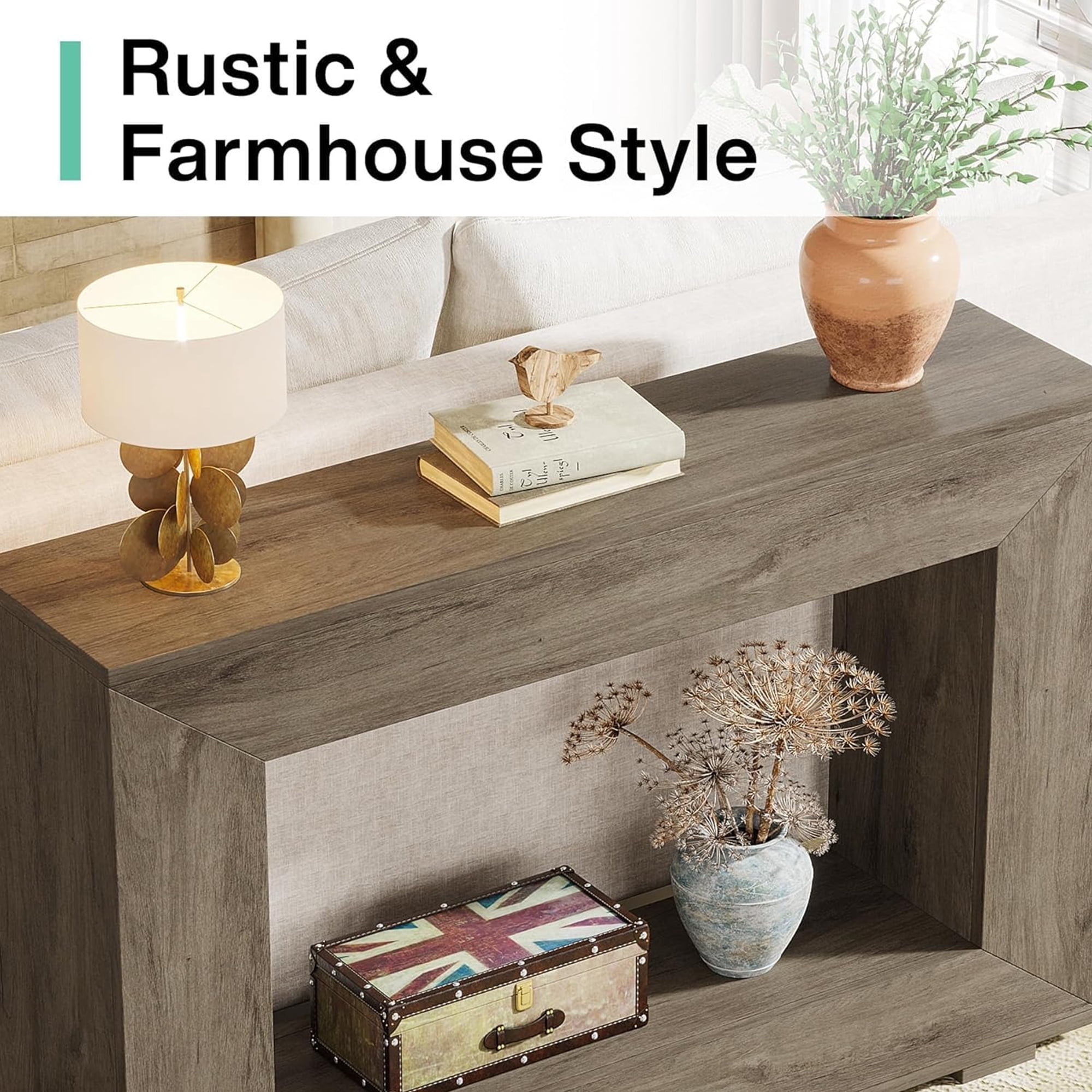 47" Farmhouse Industrial Console Table, Storage Entryway Table For Living Room, Foyer & Entrance With Wood Grain Finish (Grey)