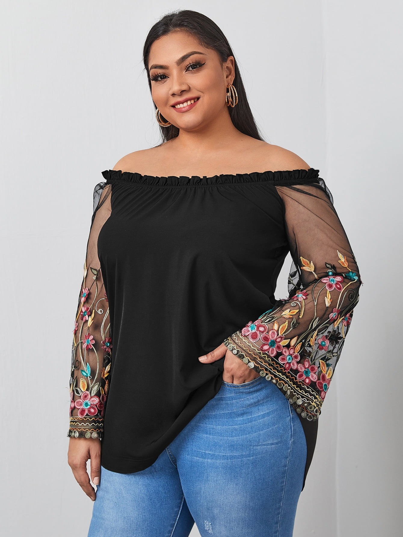 New Womens Top Plus Size Ladies Floral Lace Gypsy Style Frill Off Shoulder Tunic 