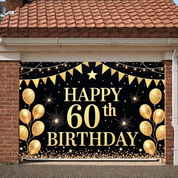 Golden Theme Happy 60th Birthday Banner Glittery Design 60th Birthday Display Black Background Gold Balloons Birthday Backdrop for 60th Birthday Party Adult Celebration Family Gathering