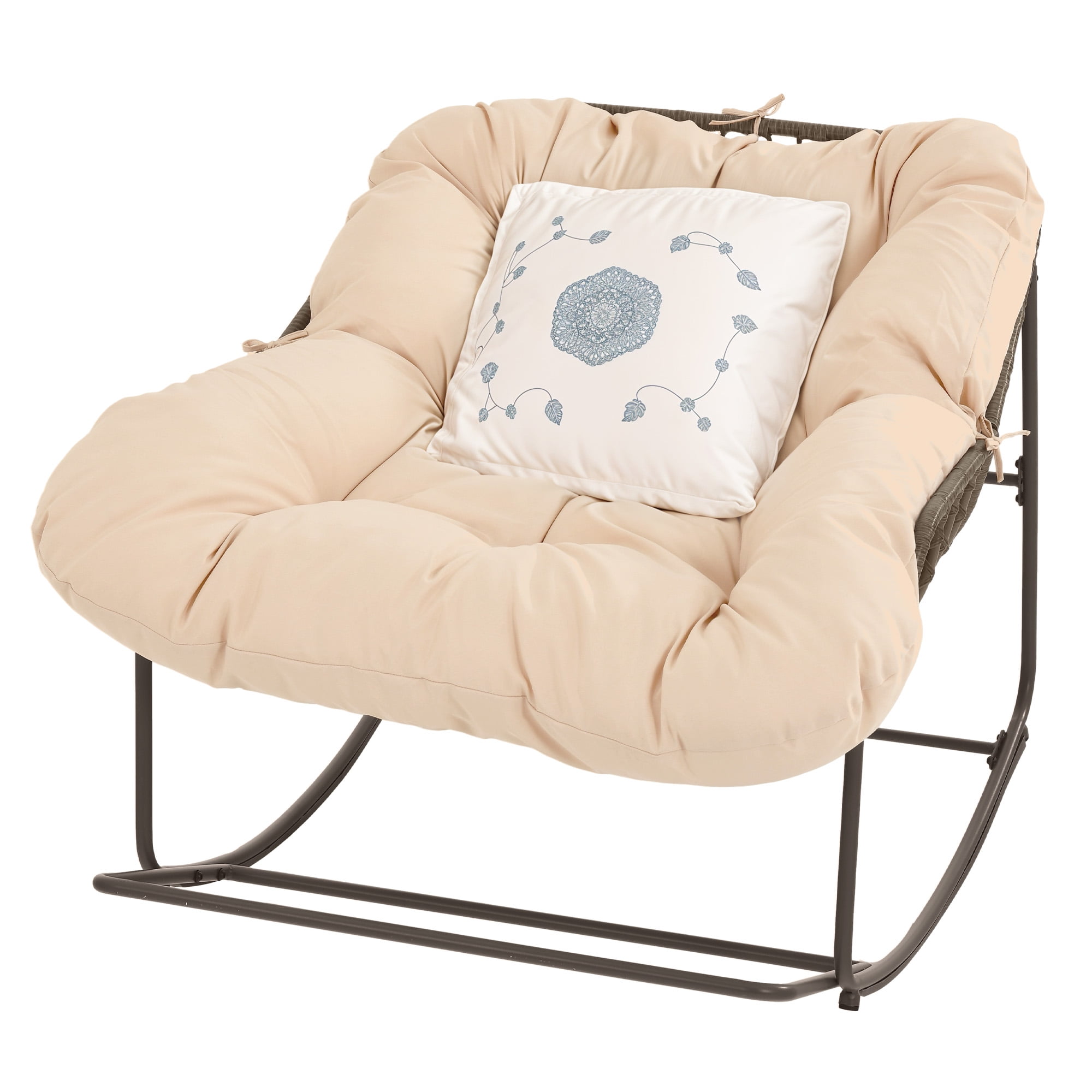 Uforic Outdoor Patio Papasan Rocking Chair with Thick Cushion,Oversized Rocking Chair - Beige