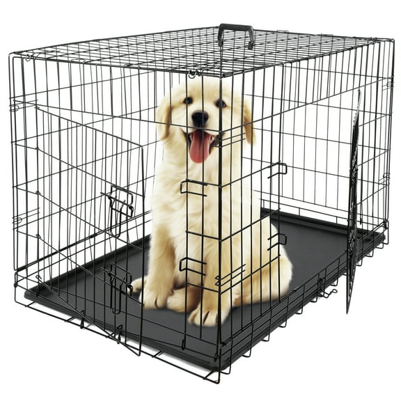 SAEWUD 36" Folding Metal Dog Crate for Large Dogs with Double Door, Removable Tray & Carry Handle – Indoor Outdoor Dog Kennel Black