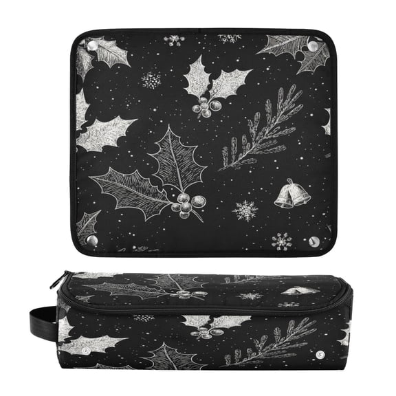 Hair Tool Organizer Bag with Heat Resistant Mat Removable Travel Storage Case for Hot Air Brushes Curling Irons Black Holly Leaves