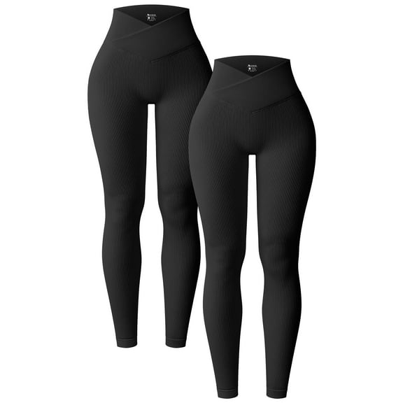 OQQ Women's 2 Piece Yoga Leggings Ribbed Seamless Workout High Waist Cross Over Athletic Exercise Leggings