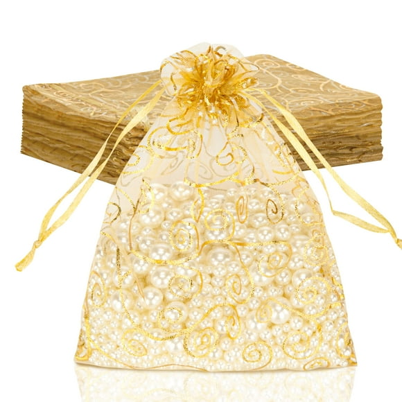 STARUBY Organza Gift Bags 50 Pcs Gold Sheer Organza Bag 6x8 Inch Mesh Favor Bags Drawstring Jewelry Rattan Printed Gift Pouches for Wedding Party Favors Couple Shower Christmas Gifts Candy Bags