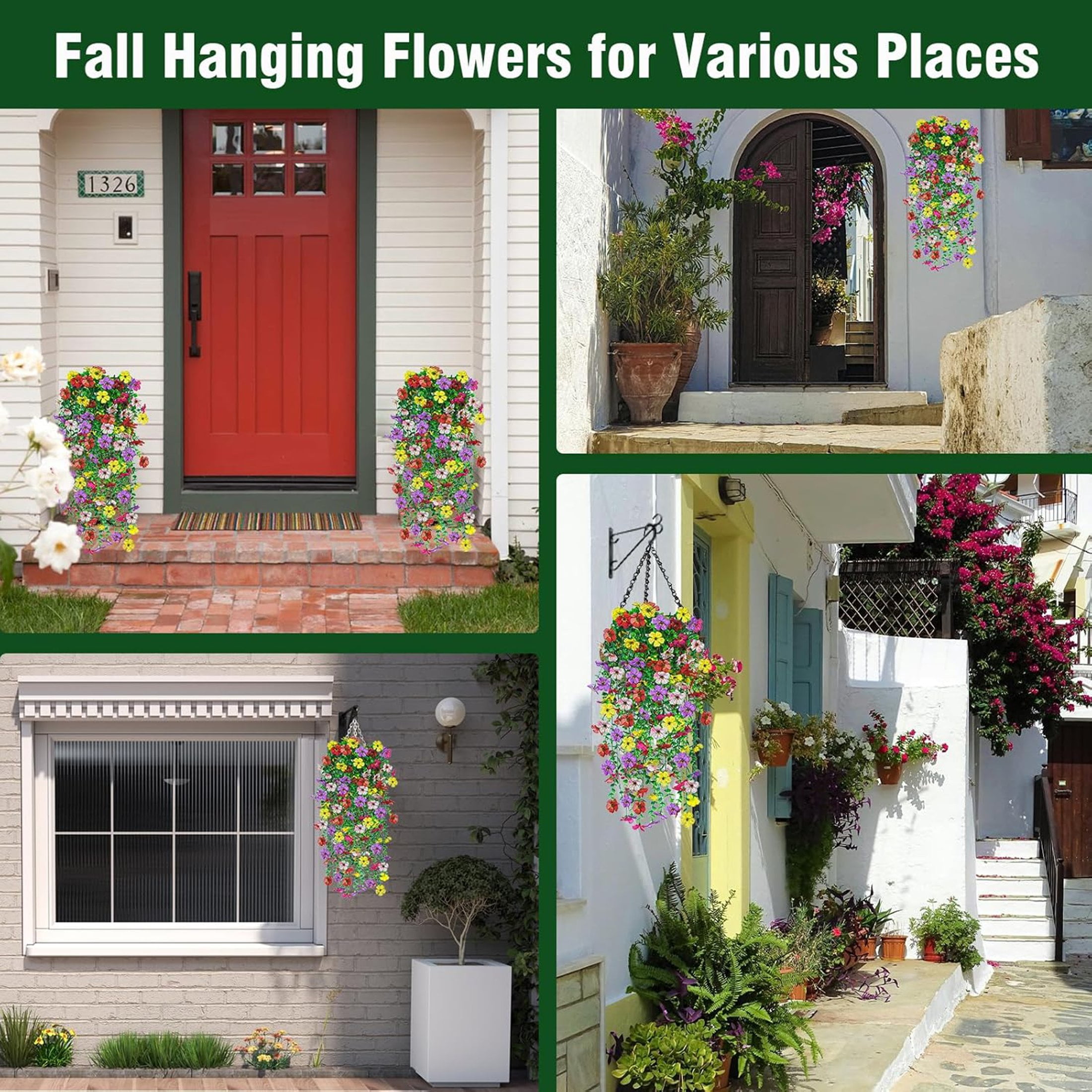 CADODIS 6PCS Artificial Flowers Outdoor Spring Summer Decor Fake Hanging Plants UV Resistant Faux Plastic Greenery Hanging Flowers for Outside Gardens Porch Wall Home Indoor,Mixed Color