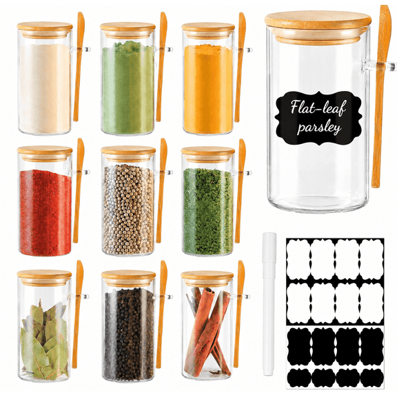 10 Pack 10 oz Round Glass Spice Jars with Airtight Bamboo Lids and Mini Spoons, Clear Small Spice Containers, Moisture Proof Glass Storage Jars for Kitchen Pantry Countertop Seasoning Organization