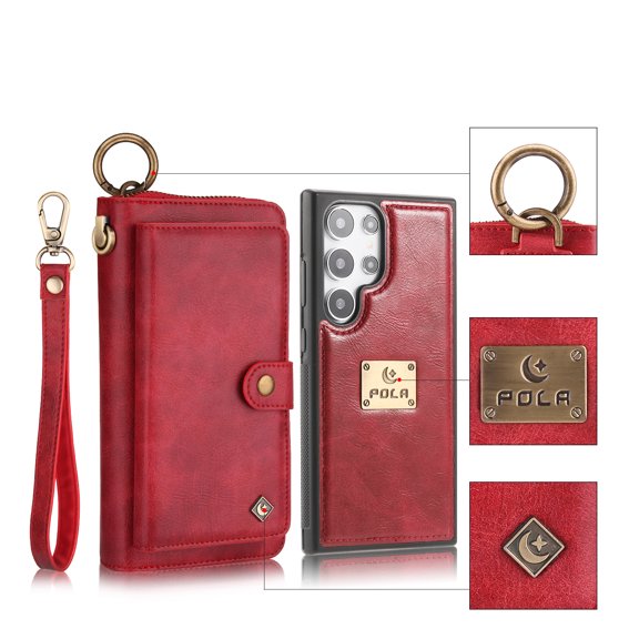 Allytech Wallet Case for Samsung Galaxy S24 Plus, Zipper Pocket   Card Slots, [Full Body Protection] PU Leather Zipper Wallet Detachable Magnetic Phone Case with Wristband & Buckle - Red