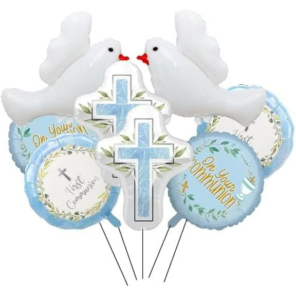 8PCS First Communion Decorations Balloons Baptism Party Foil Balloons for White Peace Dove Mylar Balloons Gold Cross Shape Balloons for Christening Memorial Theme Birthday Baptism Party Decorations