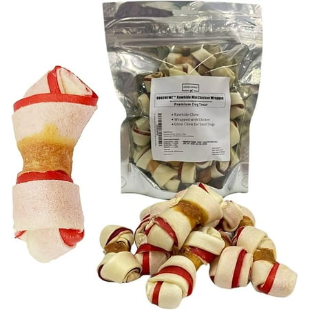 DOGCHEWZ Rawhide Dual Color Knotted Mini Bone Dog Chew Treats with Chicken Wrapped 3  (18 Ct/Bag) - Chicken Flavored