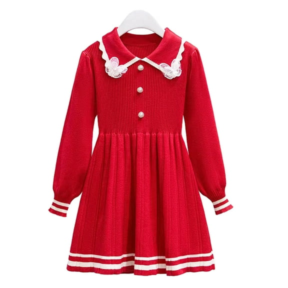 XBASW Kids Baby Knit Sweater Girls Dress Lapel with Lace Bow Princess Dresses Candy Color Spring Fall Dress for Girls 2-8Y