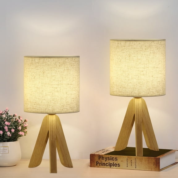 2 Pack Wooden Tripod Bedside Lamp with Linen Fabric Lampshade for Bedroom, Living Room