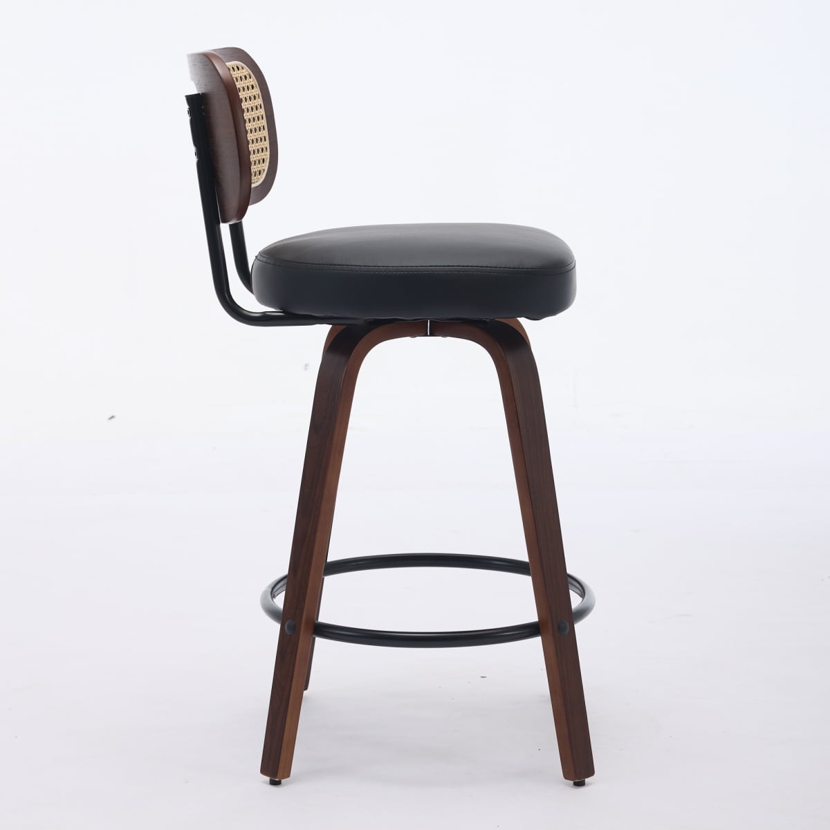 26 Inch Counter Height Swivel Bar Stools, Set of 3 Upholstered Faux Leather Bar Chairs with Walnut Back, Bentwood Legs, Mid Century Modern Island Stools for Kitchen Counter