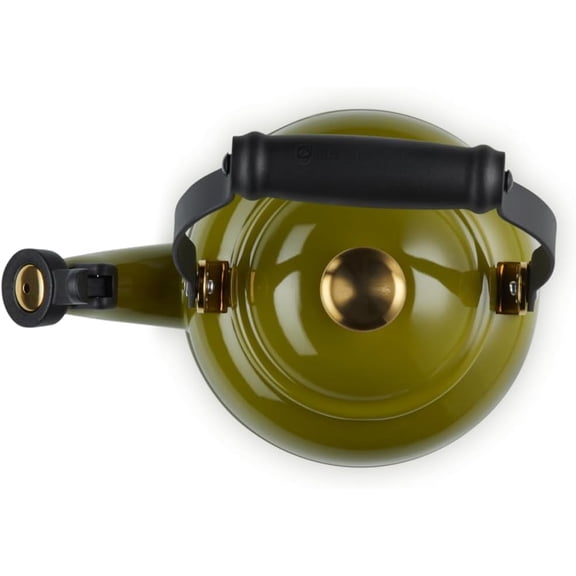 Enamel on Steel Demi Tea Kettle, 1.25 qt. with Gold Finishes, Olive Color, Durable Tea Kettle for Stovetop, Elegant Design for Tea Lovers