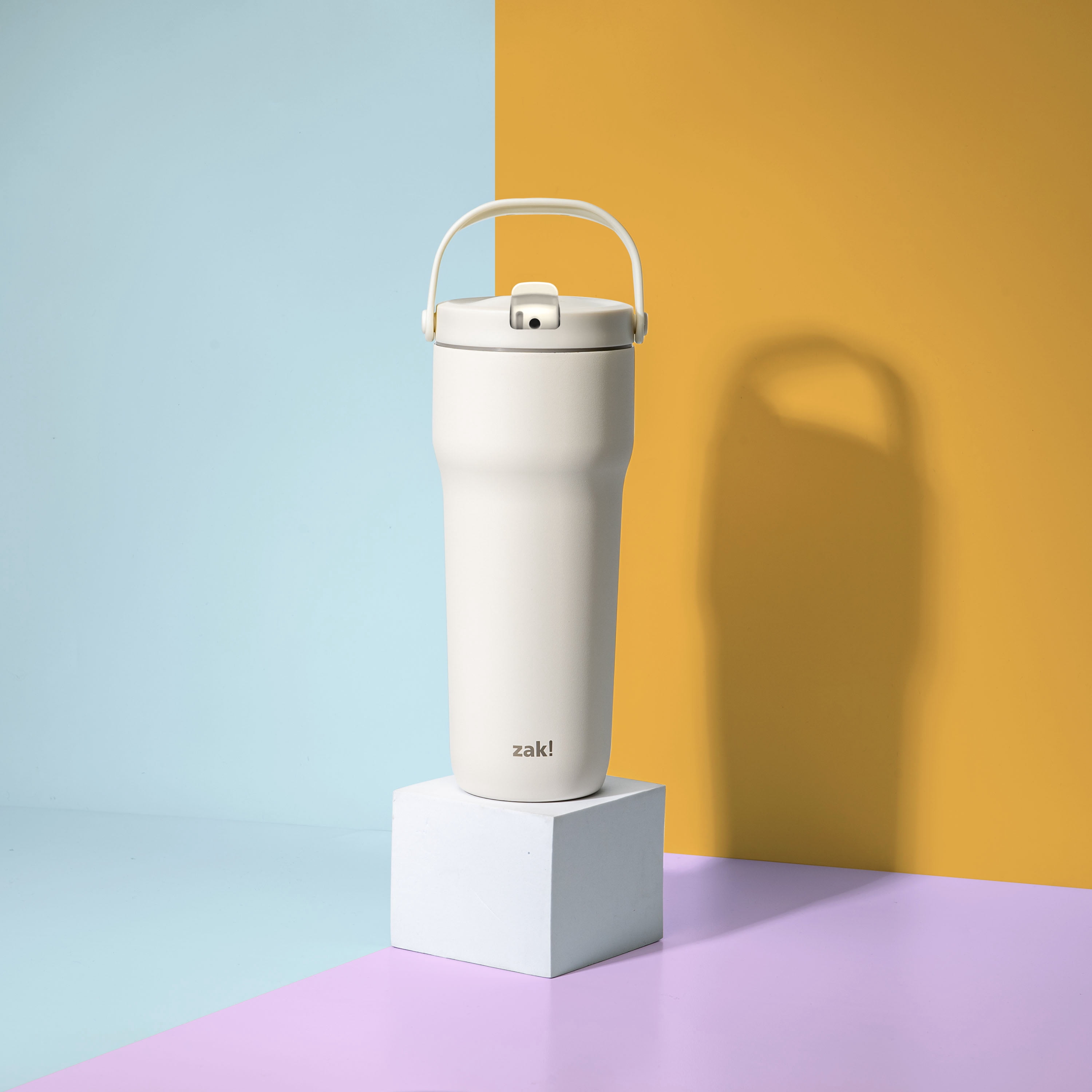 Zak Designs Sutton Travel Tumbler for On the Go, 30oz Stainless Steel with Vacuum Insulation, Straw Spout, Carry Handle for Cold Drinks (Cream White)
