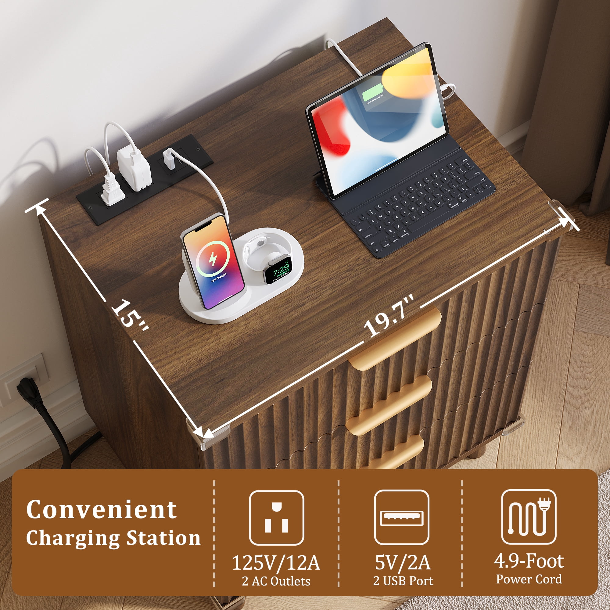 Aufeile Nightstand with Charging Station, 3 Drawer Nightstand for Bedroom, Fluted Bedside Table with USB Ports, Modern Wood Bedroom Side Table with Drawers, Walnut