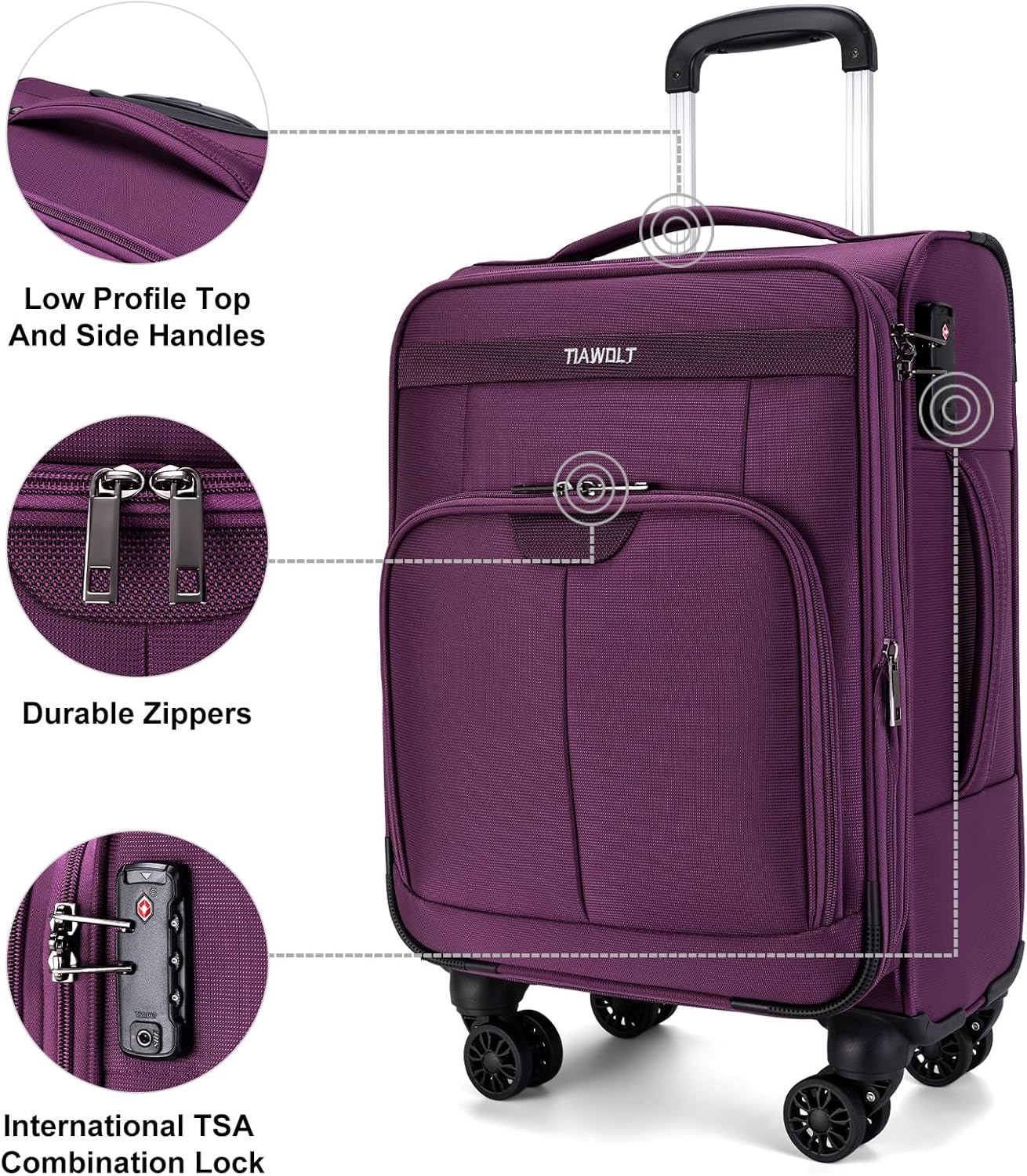 TIAWOLT Carry on Suitcase 22x14x9 Airline Approved,20 inch Lightweight Suitcases with 360° silent swivel wheels, TSA Lock and Compartment, Large Capacity travel Suitcase-Purple