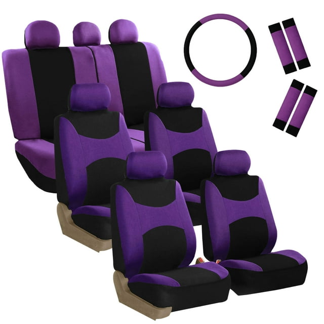FH Group 3 rows Cloth Car Seat Covers for SUV, Sedan, Van Full Set - Universal Fit Automotive Seat Covers, Split Bench Rear Seat with Steering Wheel Cover, 4 Seatbelt Pads FB030217PURPLE-COMBO