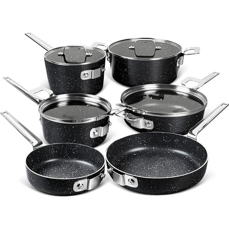 

Stackable Pots and Pans Set 10 Piece Nonstick Cookware Set with Stackable Design Saves 55% More Space Non-Toxic Stackable Cookware Set with Nonstick Stone Coatings Space Saving Cookware Set - Black