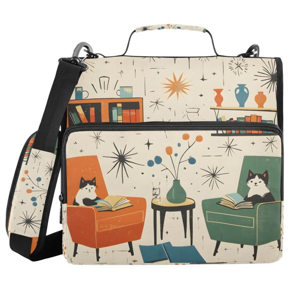 FORMRS Zipper Binder with Shoulder Strap 2-inch Ring 500 Sheet Capacity File Bag, Beige Cats Reading